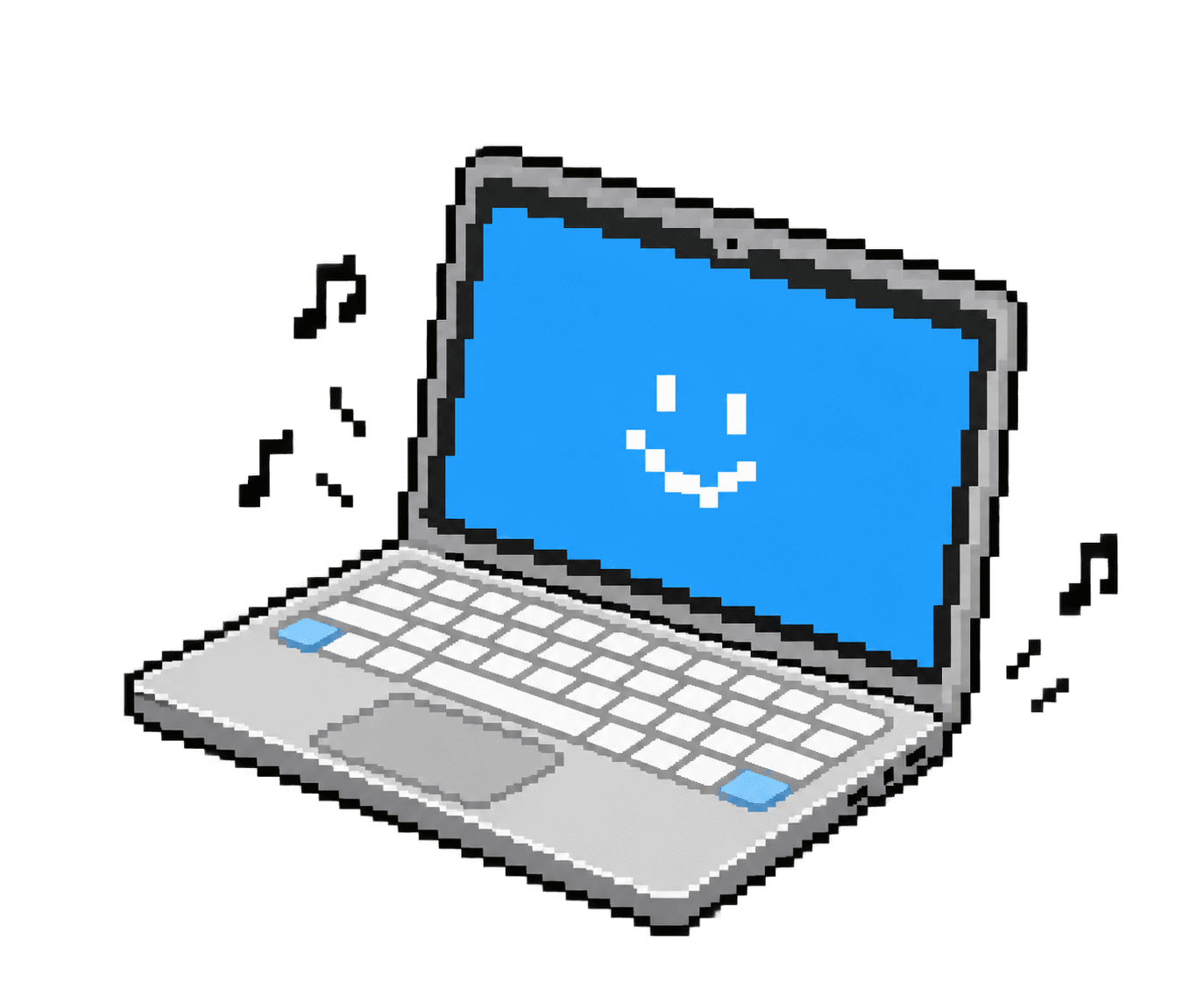 An eight-bit silver Mac with a smiling blue screen